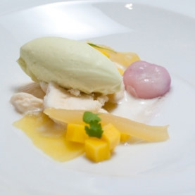 Lychee Sorbet, Pineapple, Carica and Eucalyptus Yogurt