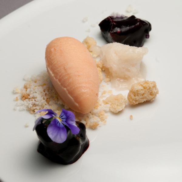 Blueberry-Vanilla Mascarpone “Rock” and Peach-Passion Sorbet