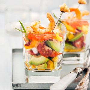 Grilled Prawn Cocktail with White Peach and Roasted Jalapeno Salad