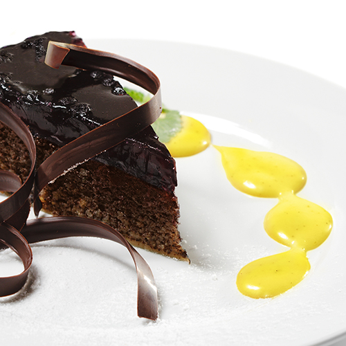 Flourless Chocolate Cake with Passion Fruit Coulis