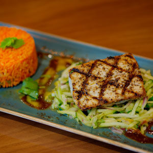 Tamarind-Glazed Mahi Mahi with Chayote Slaw and Passion Fruit Vinaigrette