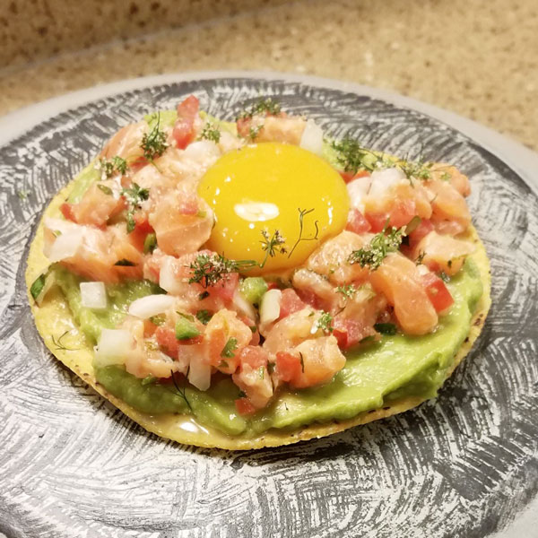 Salmon Tostada with Mango Yolk - The Perfect Puree of Napa Valley