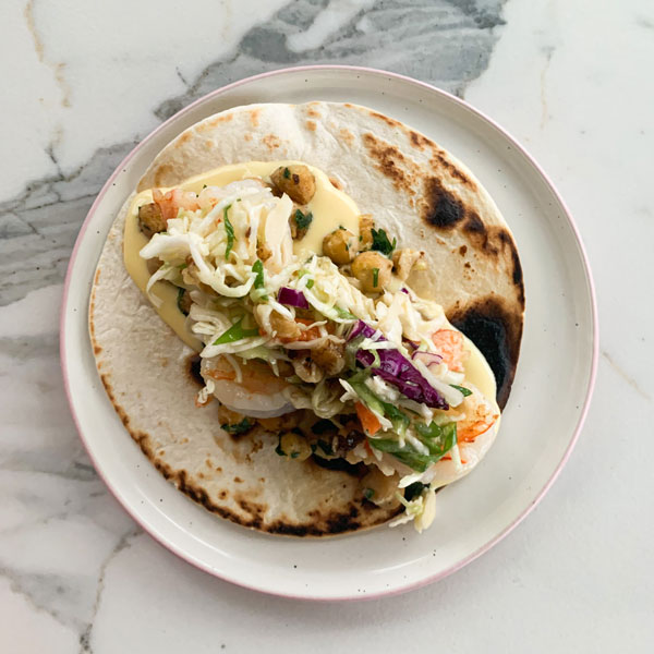 Grilled Shrimp Tacos with Peach Ginger Slaw