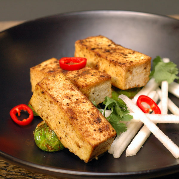 Five Spiced Tofu with Brussels Sprout &Thai Basil Black Pepper Reduction