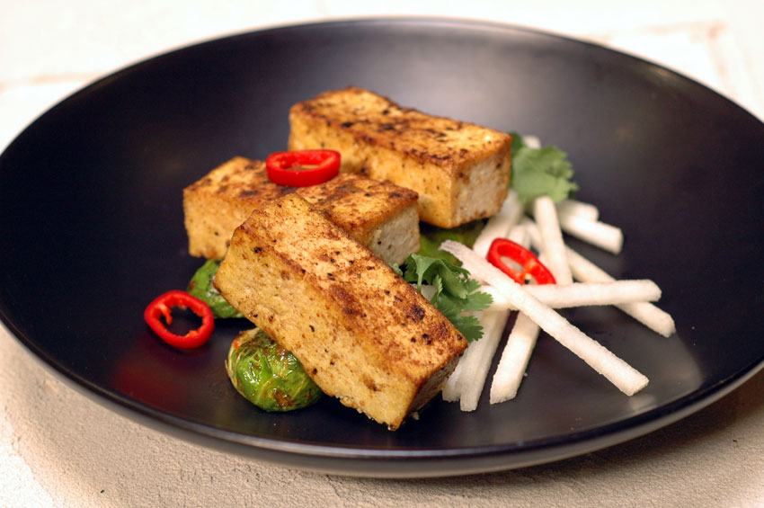 Five Spiced Tofu with Brussels Sprout and Thai Basil Black Pepper Reduction