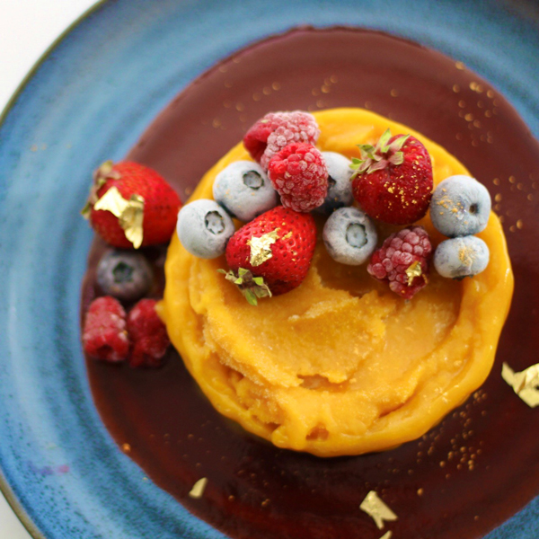 Frozen Mango Passion Fruit Mousse with Hibiscus Broth