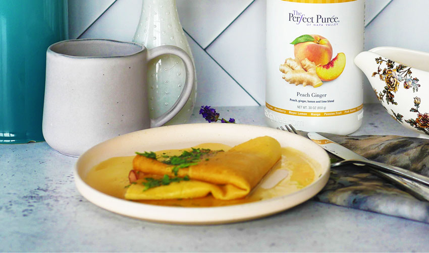 Black Pepper Ham and Emmental Crepes with Peach Ginger and Maple Sauce