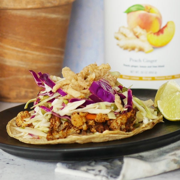 Cauliflower Tacos with Peach Ginger Slaw by Toni Roberts