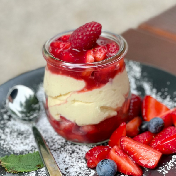 Passion Fruit Cream with Raspberries