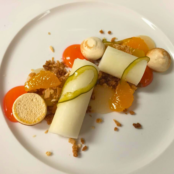 Lychee Sorbet, Soursop Gelée, Pickled Poblanos, Aperol Gel