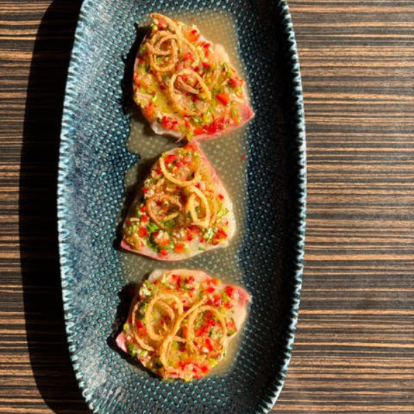 Hamachi Crudo, Chopped Vegetables, Crispy Shallots